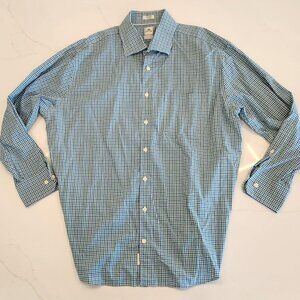 Peter Millar Sz 17 Nanoluxe Shirt Men Blue Gingham Plaid Button Down Long Sleeve
